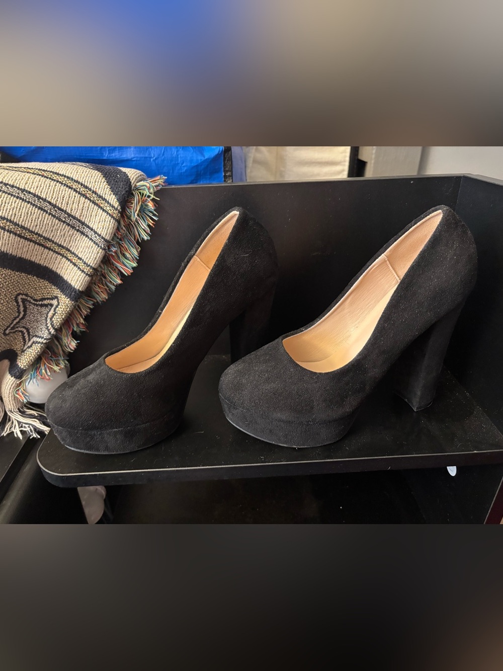 Black Suede Platform Pumps with High Block Heel